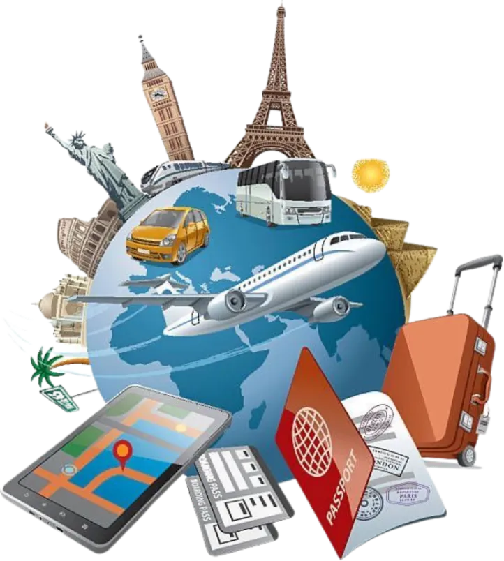 Airplane over world landmarks including the Eiffel Tower, Big Ben, Colosseum and Leaning Tower of Pisa