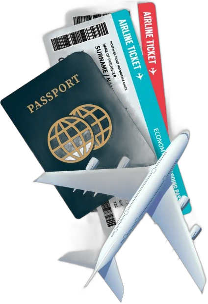 Passport, airline tickets and aeroplane